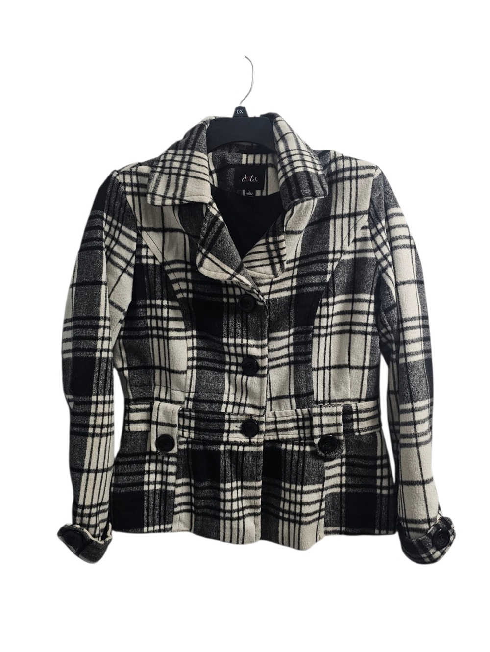 Dots White Black Plaid Wool Blend Lined Pea Coat Overcoat Button Closure Large